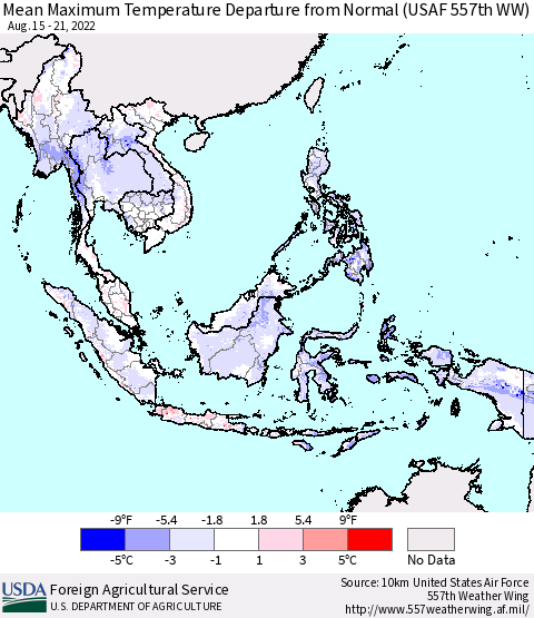 South East Asia Mean Maximum Temperature Departure from Normal (USAF 557th WW) Thematic Map For 8/15/2022 - 8/21/2022