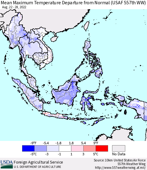 South East Asia Mean Maximum Temperature Departure from Normal (USAF 557th WW) Thematic Map For 8/22/2022 - 8/28/2022