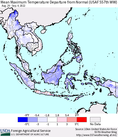 South East Asia Mean Maximum Temperature Departure from Normal (USAF 557th WW) Thematic Map For 8/29/2022 - 9/4/2022