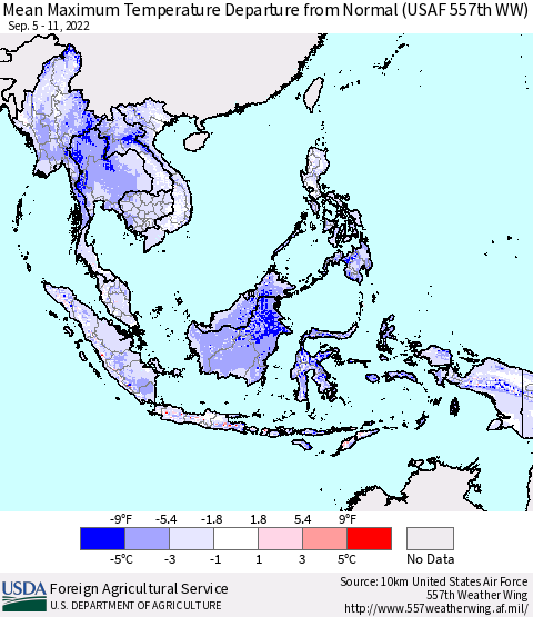 South East Asia Mean Maximum Temperature Departure from Normal (USAF 557th WW) Thematic Map For 9/5/2022 - 9/11/2022