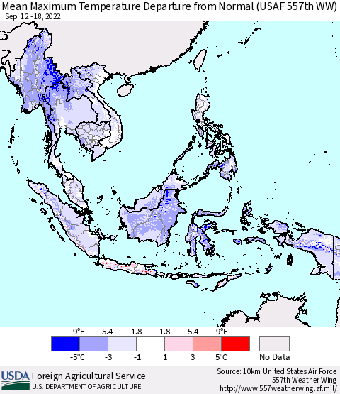 South East Asia Mean Maximum Temperature Departure from Normal (USAF 557th WW) Thematic Map For 9/12/2022 - 9/18/2022