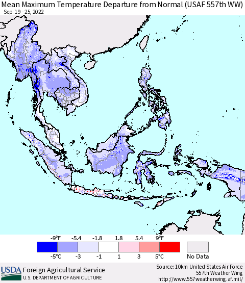 South East Asia Mean Maximum Temperature Departure from Normal (USAF 557th WW) Thematic Map For 9/19/2022 - 9/25/2022
