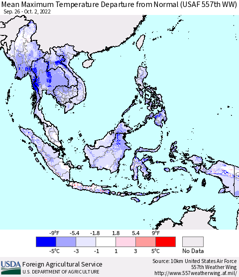 South East Asia Mean Maximum Temperature Departure from Normal (USAF 557th WW) Thematic Map For 9/26/2022 - 10/2/2022