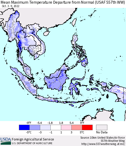 South East Asia Mean Maximum Temperature Departure from Normal (USAF 557th WW) Thematic Map For 10/3/2022 - 10/9/2022