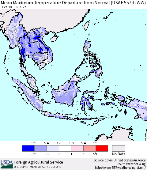 South East Asia Mean Maximum Temperature Departure from Normal (USAF 557th WW) Thematic Map For 10/10/2022 - 10/16/2022