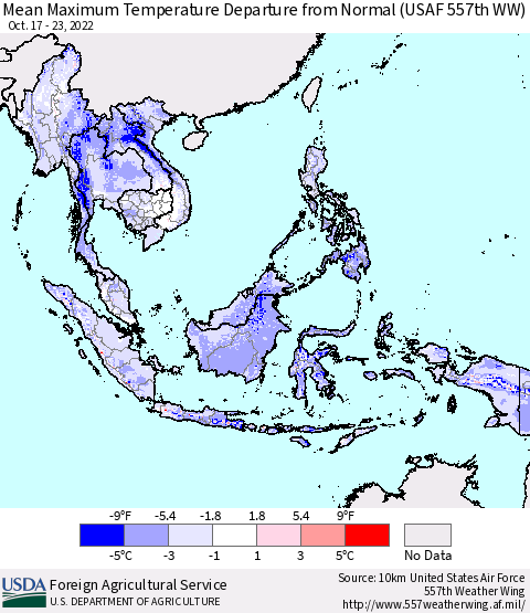South East Asia Mean Maximum Temperature Departure from Normal (USAF 557th WW) Thematic Map For 10/17/2022 - 10/23/2022