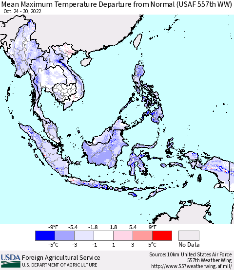 South East Asia Mean Maximum Temperature Departure from Normal (USAF 557th WW) Thematic Map For 10/24/2022 - 10/30/2022