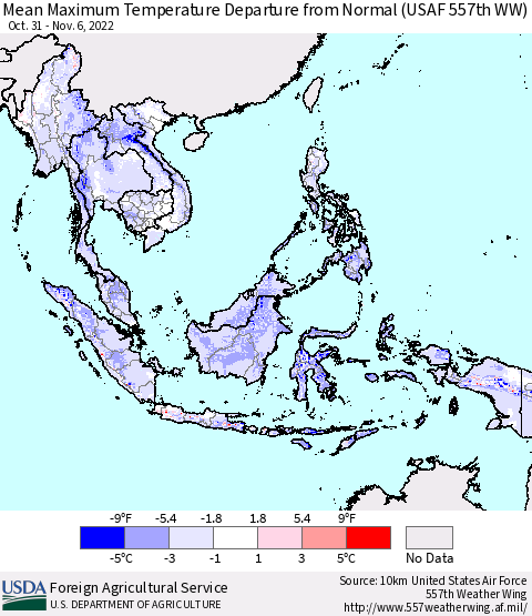 South East Asia Mean Maximum Temperature Departure from Normal (USAF 557th WW) Thematic Map For 10/31/2022 - 11/6/2022