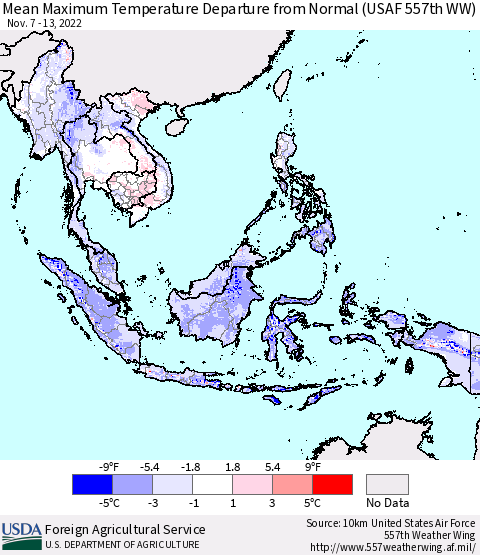 South East Asia Mean Maximum Temperature Departure from Normal (USAF 557th WW) Thematic Map For 11/7/2022 - 11/13/2022