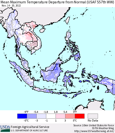 South East Asia Mean Maximum Temperature Departure from Normal (USAF 557th WW) Thematic Map For 11/14/2022 - 11/20/2022