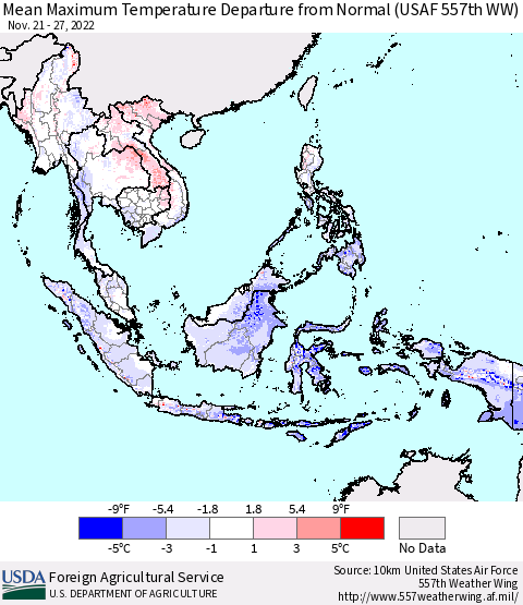 South East Asia Mean Maximum Temperature Departure from Normal (USAF 557th WW) Thematic Map For 11/21/2022 - 11/27/2022