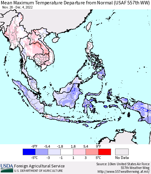 South East Asia Mean Maximum Temperature Departure from Normal (USAF 557th WW) Thematic Map For 11/28/2022 - 12/4/2022