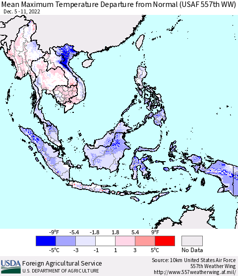 South East Asia Mean Maximum Temperature Departure from Normal (USAF 557th WW) Thematic Map For 12/5/2022 - 12/11/2022