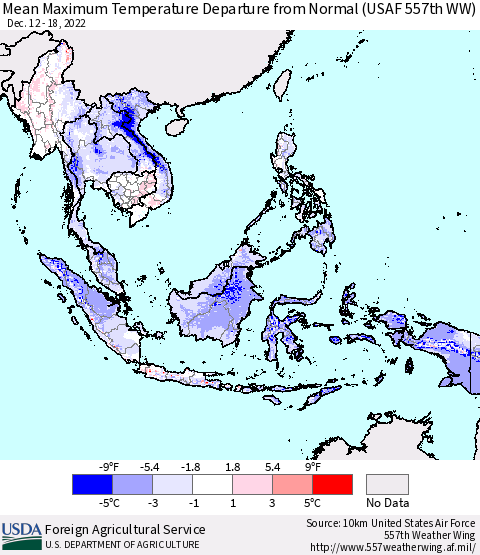 South East Asia Mean Maximum Temperature Departure from Normal (USAF 557th WW) Thematic Map For 12/12/2022 - 12/18/2022