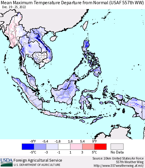 South East Asia Mean Maximum Temperature Departure from Normal (USAF 557th WW) Thematic Map For 12/19/2022 - 12/25/2022