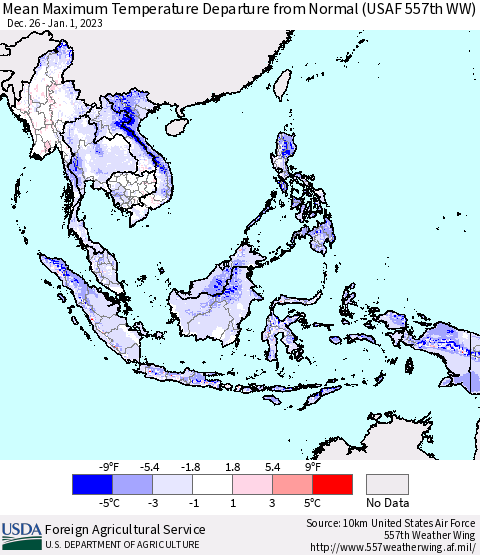 South East Asia Mean Maximum Temperature Departure from Normal (USAF 557th WW) Thematic Map For 12/26/2022 - 1/1/2023