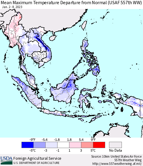 South East Asia Mean Maximum Temperature Departure from Normal (USAF 557th WW) Thematic Map For 1/2/2023 - 1/8/2023