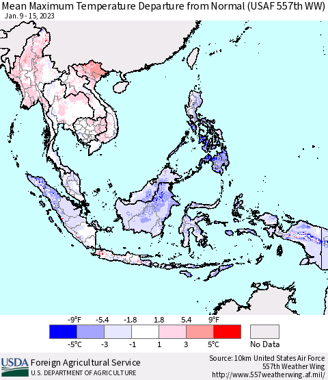 South East Asia Mean Maximum Temperature Departure from Normal (USAF 557th WW) Thematic Map For 1/9/2023 - 1/15/2023