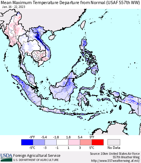 South East Asia Mean Maximum Temperature Departure from Normal (USAF 557th WW) Thematic Map For 1/16/2023 - 1/22/2023