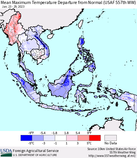 South East Asia Mean Maximum Temperature Departure from Normal (USAF 557th WW) Thematic Map For 1/23/2023 - 1/29/2023
