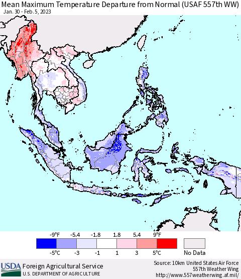 South East Asia Mean Maximum Temperature Departure from Normal (USAF 557th WW) Thematic Map For 1/30/2023 - 2/5/2023
