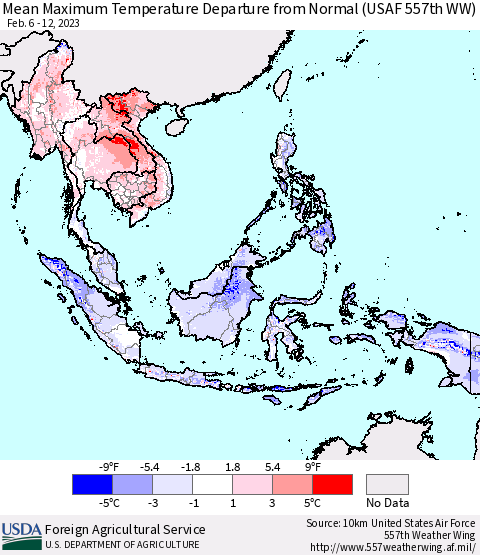 South East Asia Mean Maximum Temperature Departure from Normal (USAF 557th WW) Thematic Map For 2/6/2023 - 2/12/2023