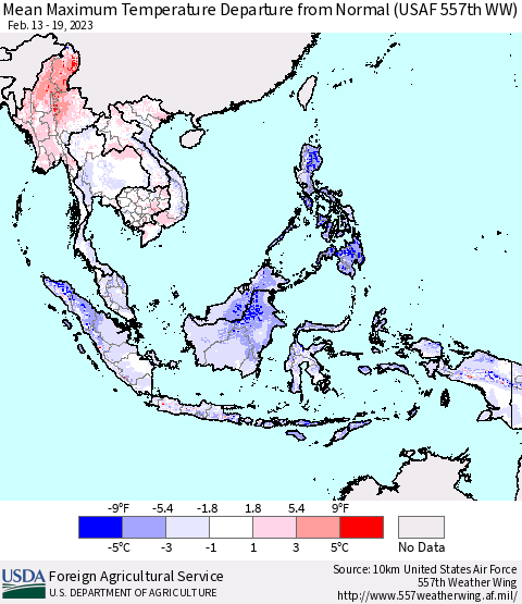 South East Asia Mean Maximum Temperature Departure from Normal (USAF 557th WW) Thematic Map For 2/13/2023 - 2/19/2023