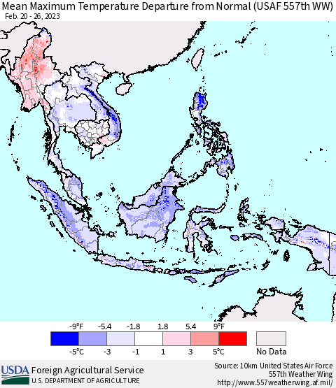 South East Asia Mean Maximum Temperature Departure from Normal (USAF 557th WW) Thematic Map For 2/20/2023 - 2/26/2023