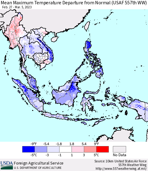 South East Asia Mean Maximum Temperature Departure from Normal (USAF 557th WW) Thematic Map For 2/27/2023 - 3/5/2023