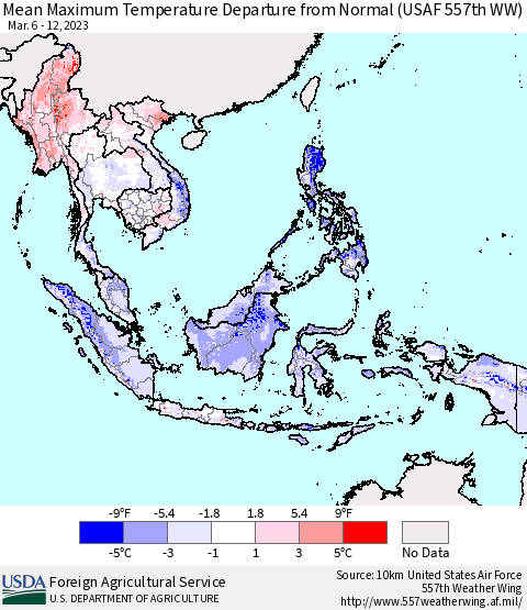 South East Asia Mean Maximum Temperature Departure from Normal (USAF 557th WW) Thematic Map For 3/6/2023 - 3/12/2023