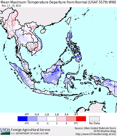 South East Asia Mean Maximum Temperature Departure from Normal (USAF 557th WW) Thematic Map For 3/13/2023 - 3/19/2023