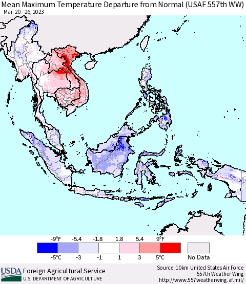 South East Asia Mean Maximum Temperature Departure from Normal (USAF 557th WW) Thematic Map For 3/20/2023 - 3/26/2023