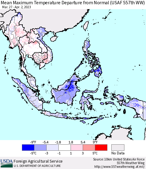 South East Asia Mean Maximum Temperature Departure from Normal (USAF 557th WW) Thematic Map For 3/27/2023 - 4/2/2023