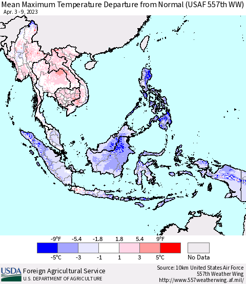 South East Asia Mean Maximum Temperature Departure from Normal (USAF 557th WW) Thematic Map For 4/3/2023 - 4/9/2023