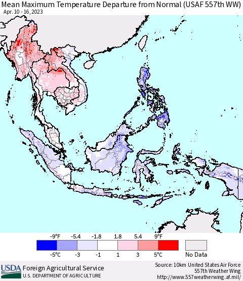 South East Asia Mean Maximum Temperature Departure from Normal (USAF 557th WW) Thematic Map For 4/10/2023 - 4/16/2023