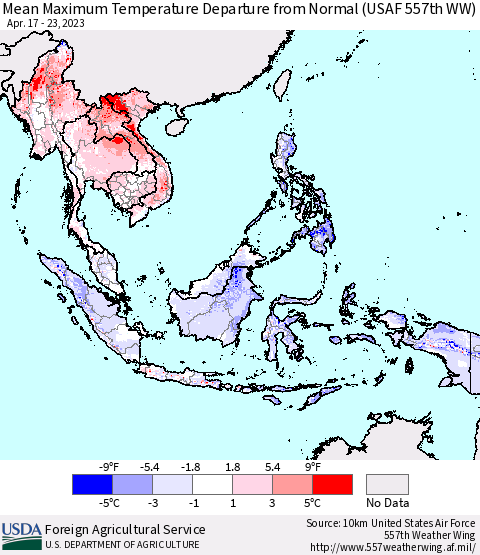South East Asia Mean Maximum Temperature Departure from Normal (USAF 557th WW) Thematic Map For 4/17/2023 - 4/23/2023