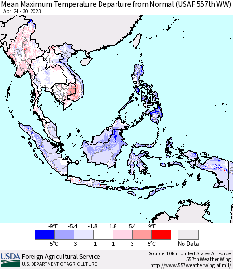 South East Asia Mean Maximum Temperature Departure from Normal (USAF 557th WW) Thematic Map For 4/24/2023 - 4/30/2023