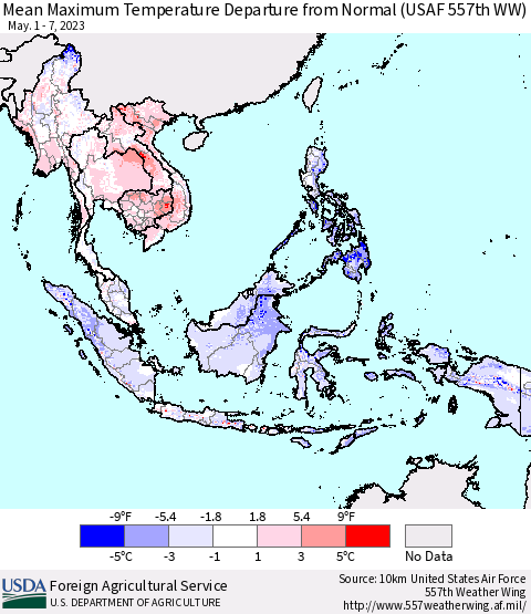 South East Asia Mean Maximum Temperature Departure from Normal (USAF 557th WW) Thematic Map For 5/1/2023 - 5/7/2023