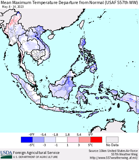 South East Asia Mean Maximum Temperature Departure from Normal (USAF 557th WW) Thematic Map For 5/8/2023 - 5/14/2023