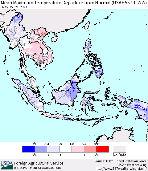 South East Asia Mean Maximum Temperature Departure from Normal (USAF 557th WW) Thematic Map For 5/15/2023 - 5/21/2023