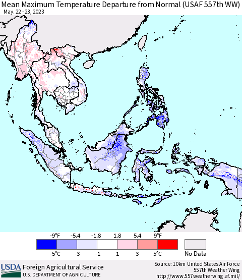 South East Asia Mean Maximum Temperature Departure from Normal (USAF 557th WW) Thematic Map For 5/22/2023 - 5/28/2023