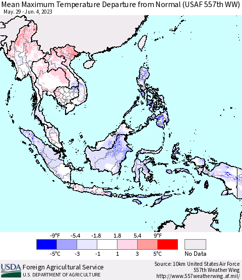 South East Asia Mean Maximum Temperature Departure from Normal (USAF 557th WW) Thematic Map For 5/29/2023 - 6/4/2023