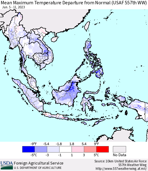 South East Asia Mean Maximum Temperature Departure from Normal (USAF 557th WW) Thematic Map For 6/5/2023 - 6/11/2023