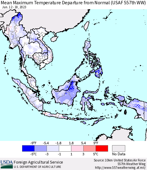 South East Asia Mean Maximum Temperature Departure from Normal (USAF 557th WW) Thematic Map For 6/12/2023 - 6/18/2023