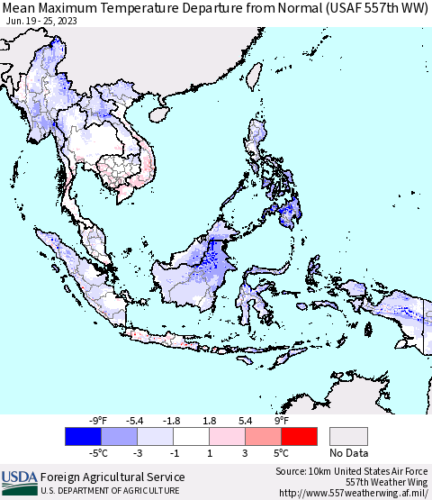 South East Asia Mean Maximum Temperature Departure from Normal (USAF 557th WW) Thematic Map For 6/19/2023 - 6/25/2023