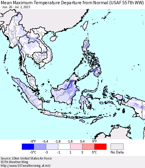 South East Asia Mean Maximum Temperature Departure from Normal (USAF 557th WW) Thematic Map For 6/26/2023 - 7/2/2023