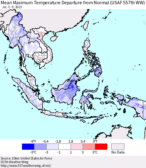South East Asia Mean Maximum Temperature Departure from Normal (USAF 557th WW) Thematic Map For 7/3/2023 - 7/9/2023