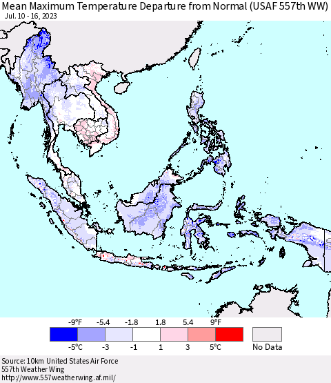 South East Asia Mean Maximum Temperature Departure from Normal (USAF 557th WW) Thematic Map For 7/10/2023 - 7/16/2023