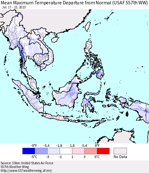South East Asia Mean Maximum Temperature Departure from Normal (USAF 557th WW) Thematic Map For 7/17/2023 - 7/23/2023