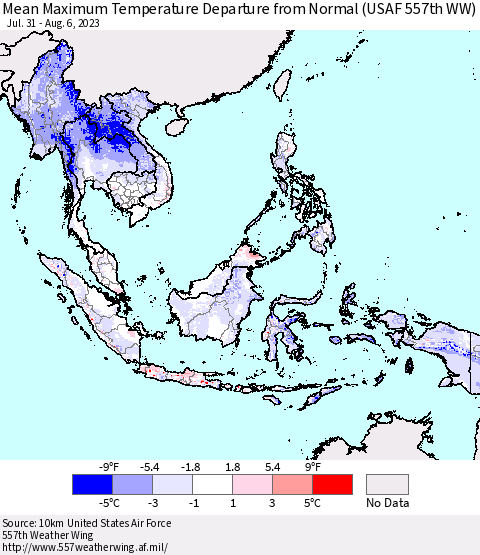 South East Asia Mean Maximum Temperature Departure from Normal (USAF 557th WW) Thematic Map For 7/31/2023 - 8/6/2023